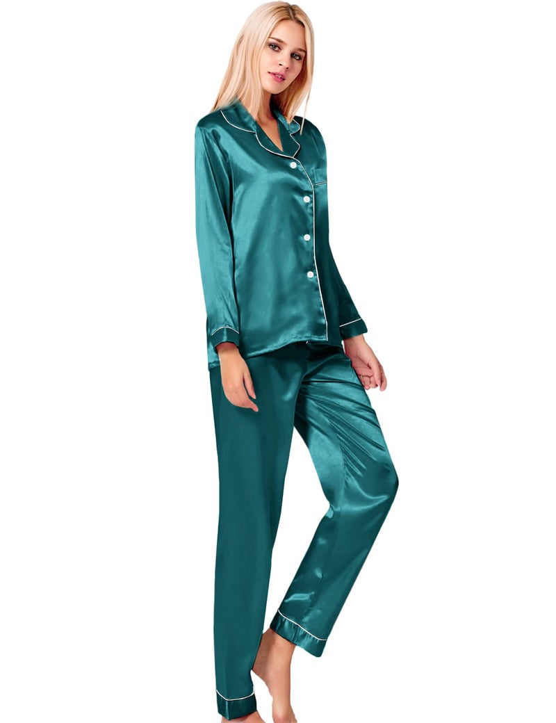 SWOMOG Womens Silk Satin Pajamas Long Sleeve Loungewear Two-Piece Sleepwear Button-Down Pj Set Green - Image 4